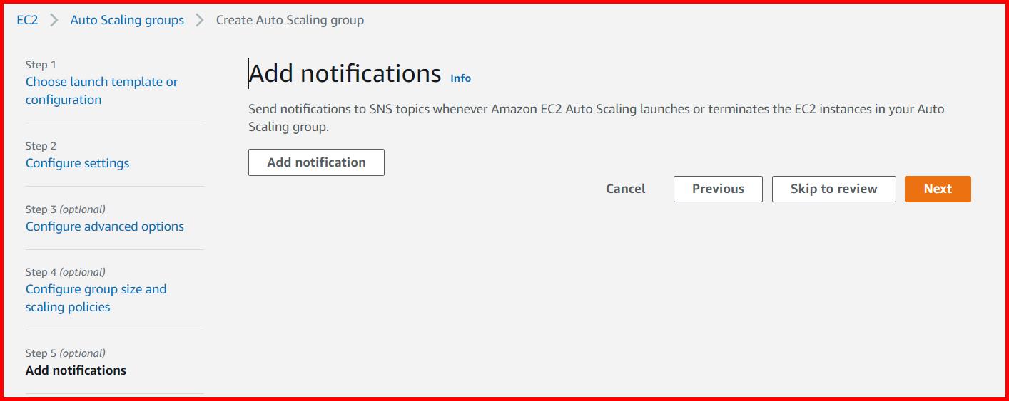 Picture showing the Add Notifications section of the Create Auto Scaling group screen